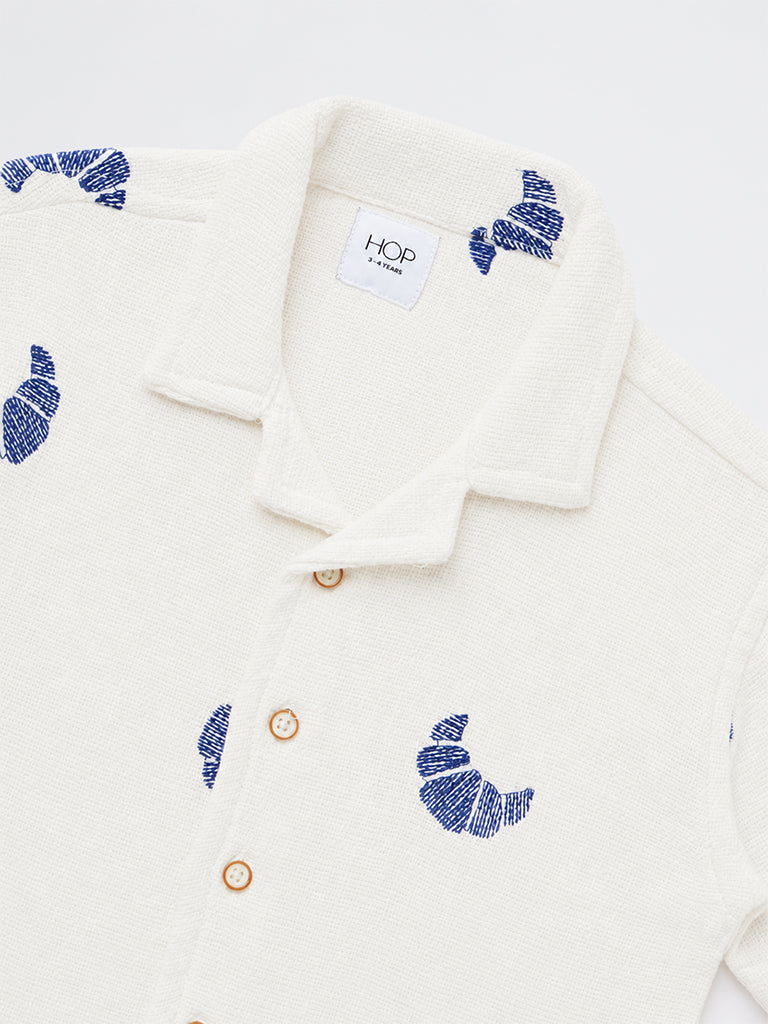HOP Kids Boys White Croissant Embroidered Resort-Fit Cotton-Blend Shirt
