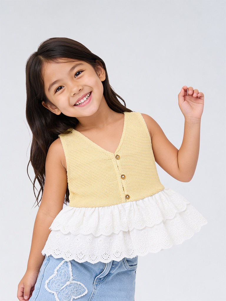 HOP Kids Girls Yellow Waffle Textured Cotton Peplum Top
