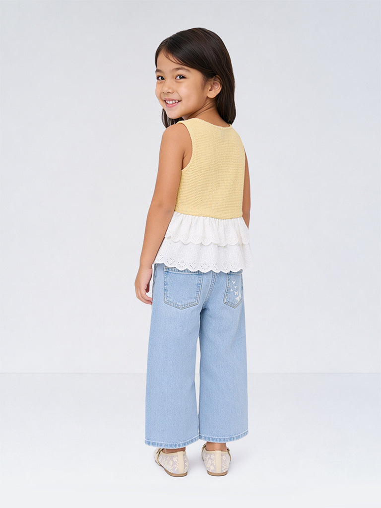 HOP Kids Girls Yellow Waffle Textured Cotton Peplum Top
