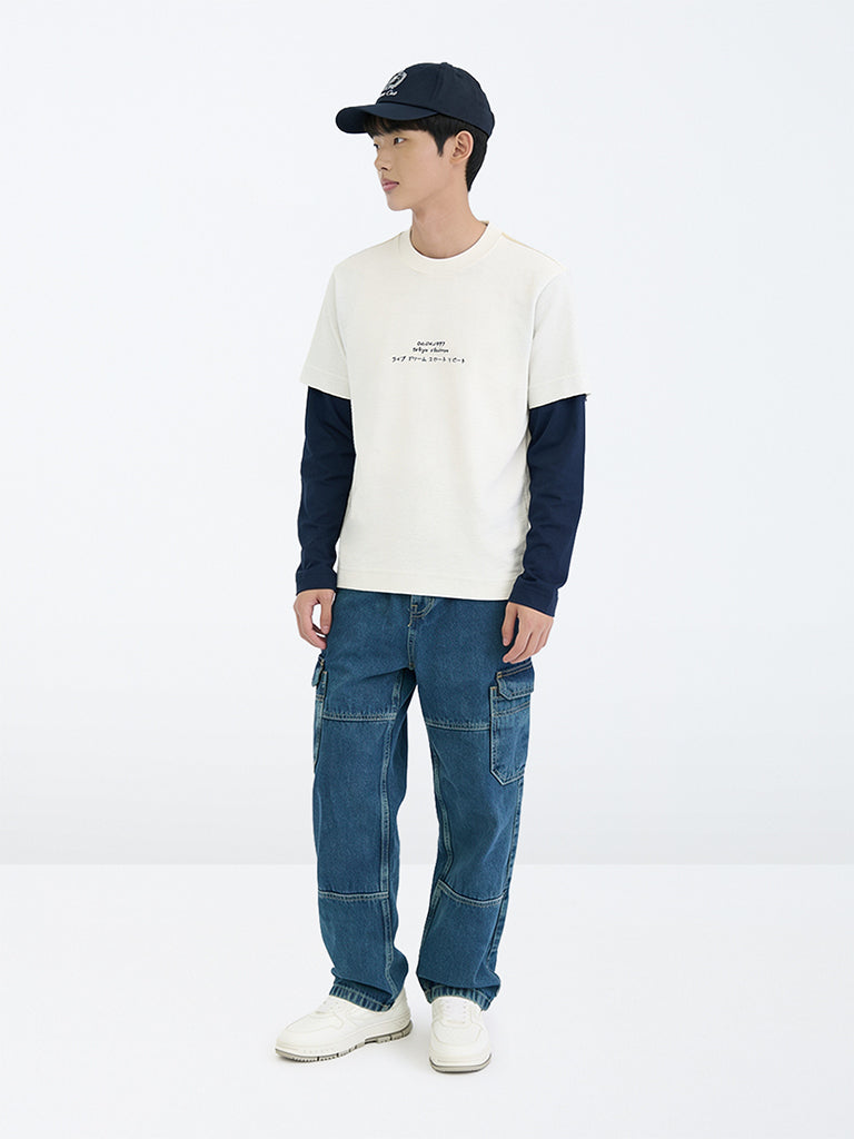 Boys Blue Washed Cargo-Style Mid-Rise Relaxed Fit Jeans