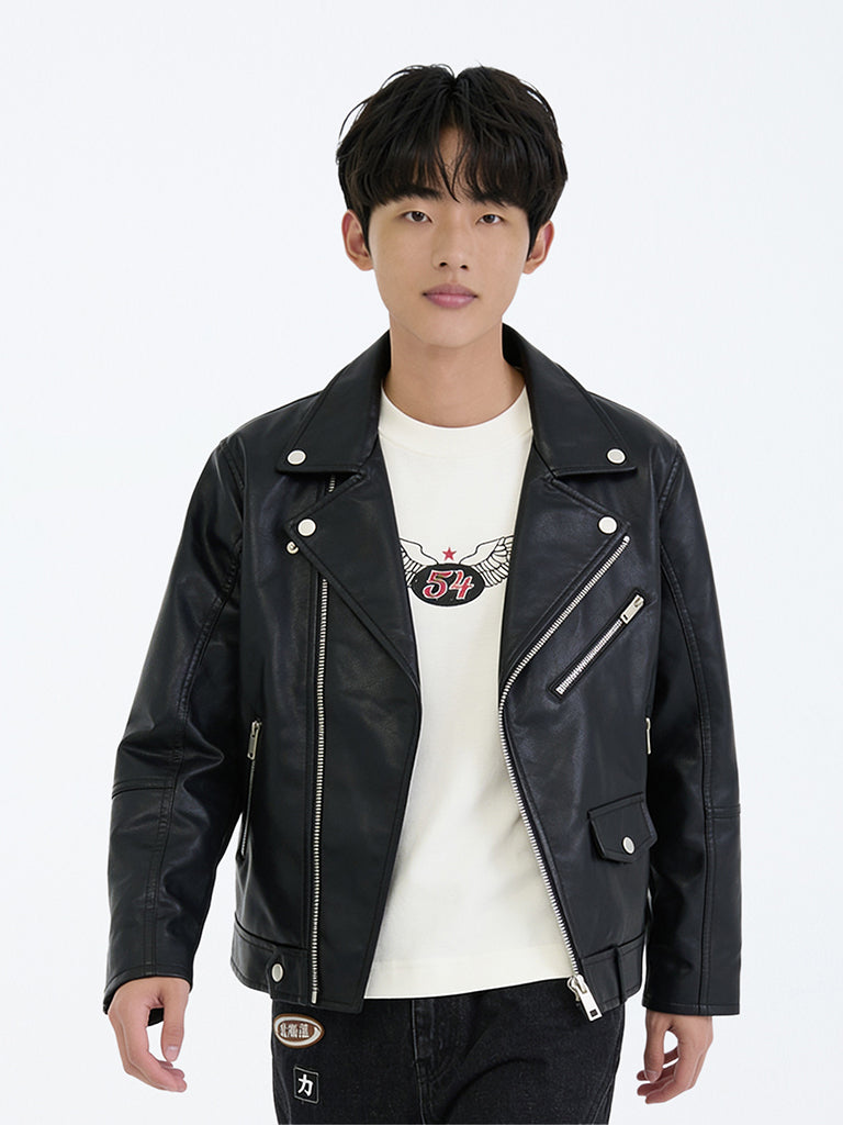 Boys Black Zipper-Detail Faux Leather Jacket