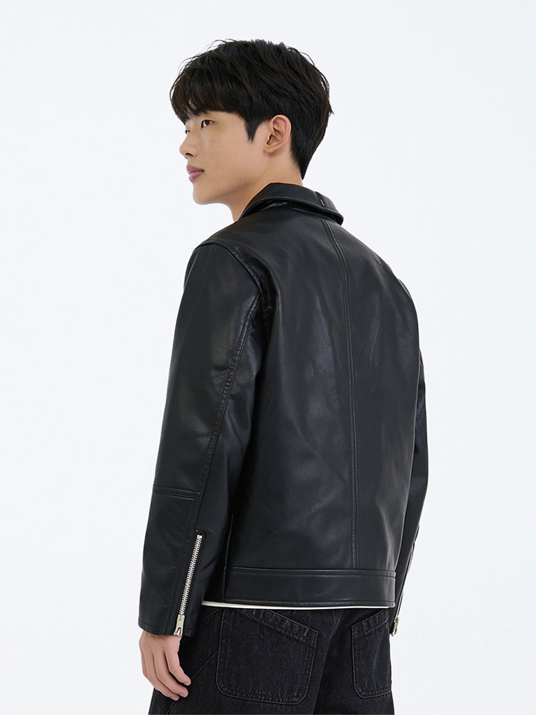 Boys Black Zipper-Detail Faux Leather Jacket