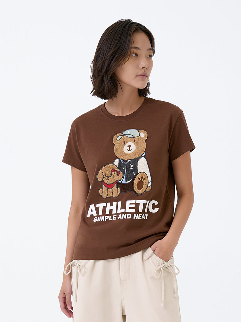 Girls Brown Teddy Design Cotton T-Shirt