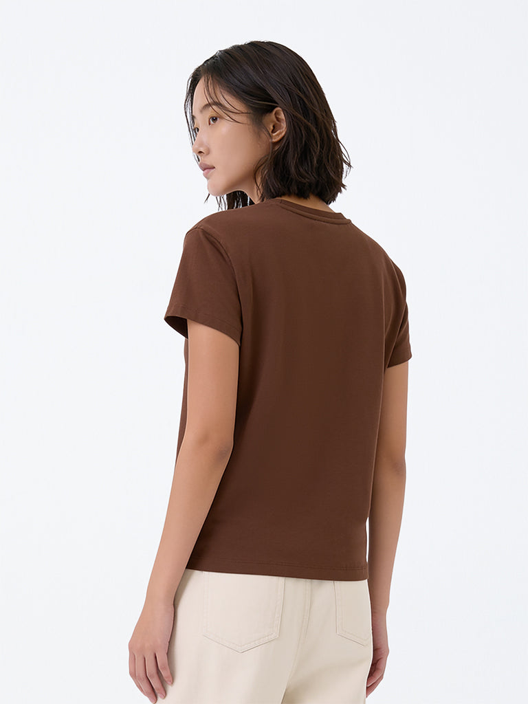 Girls Brown Teddy Design Cotton T-Shirt
