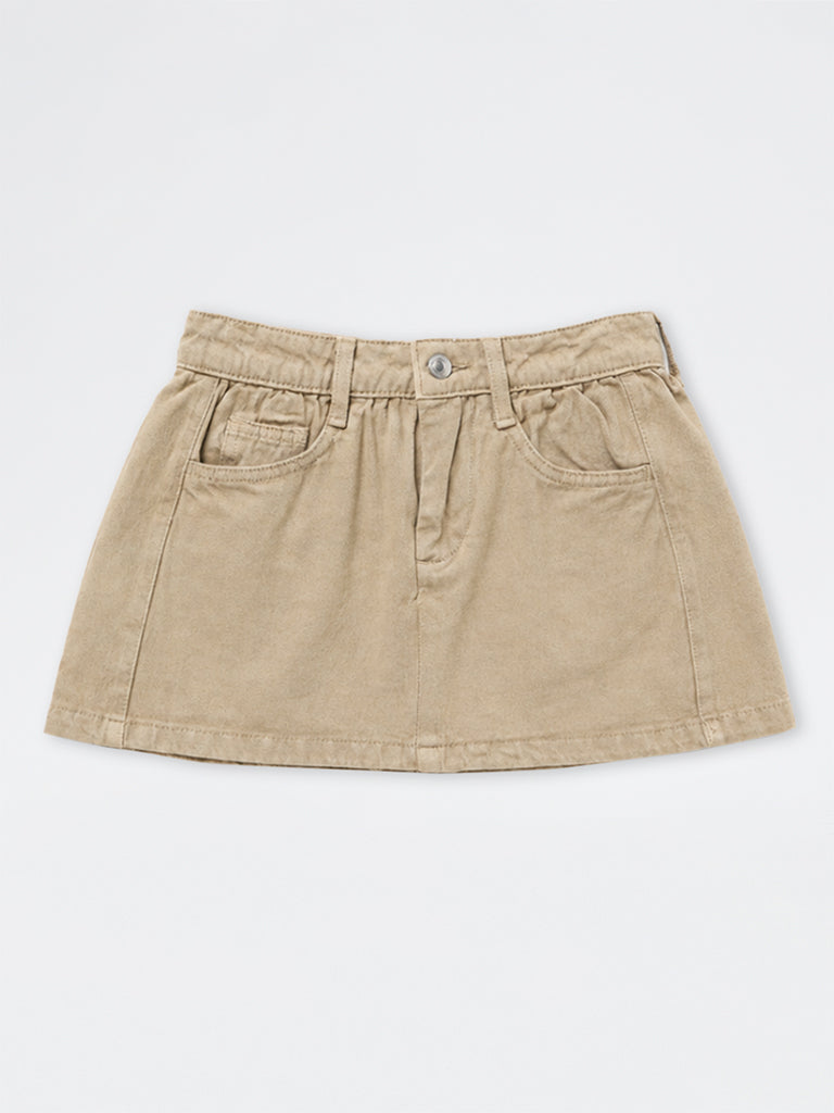 Girls Beige High-Rise Denim Skirt