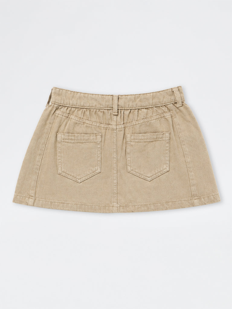 Girls Beige High-Rise Denim Skirt