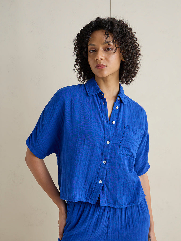 Wunderlove Blue Crinkle-Textured Beach Cotton Shirt