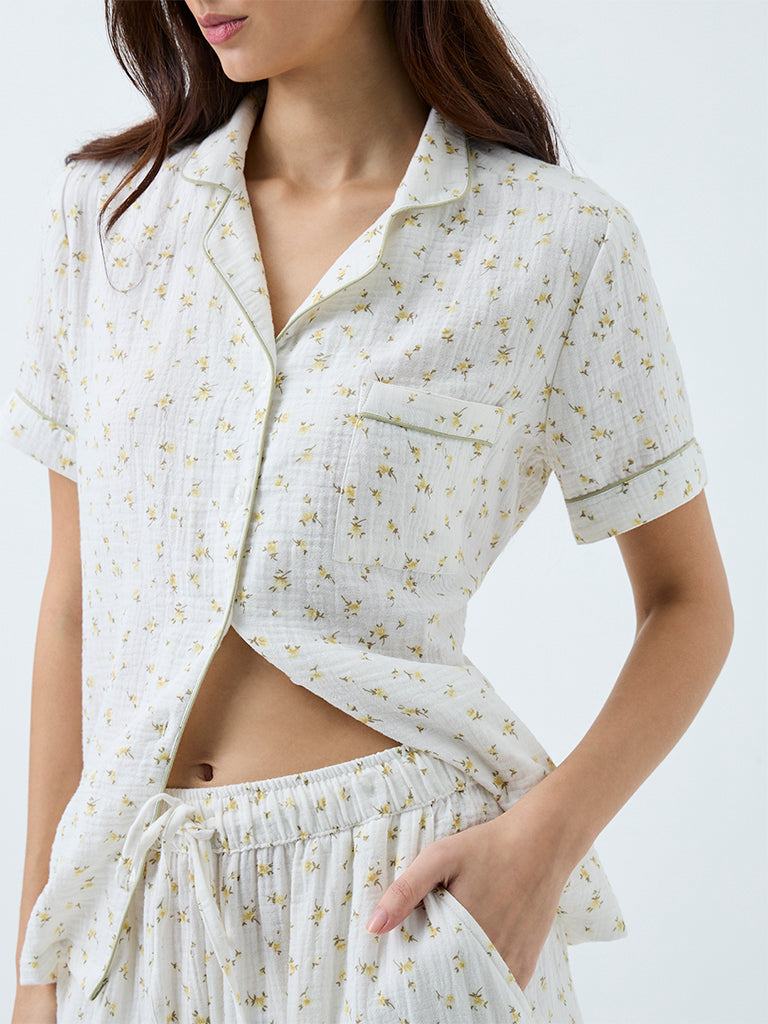 Wunderlove White Floral Printed Cotton Shirt and Pyjamas Set