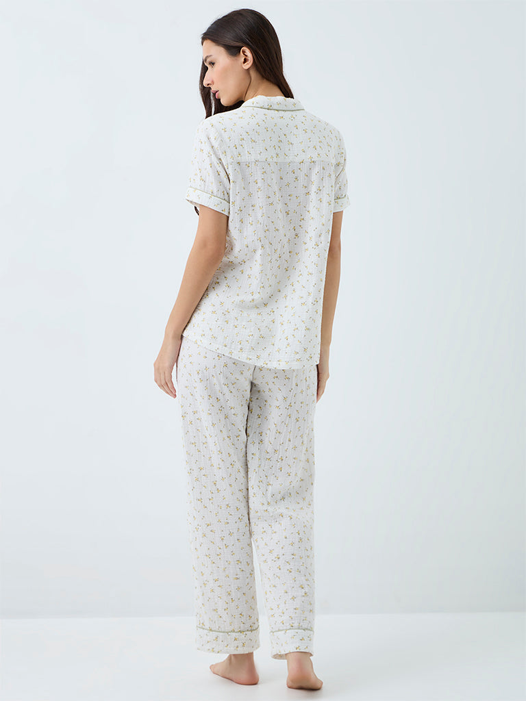 Wunderlove White Floral Printed Cotton Shirt and Pyjamas Set