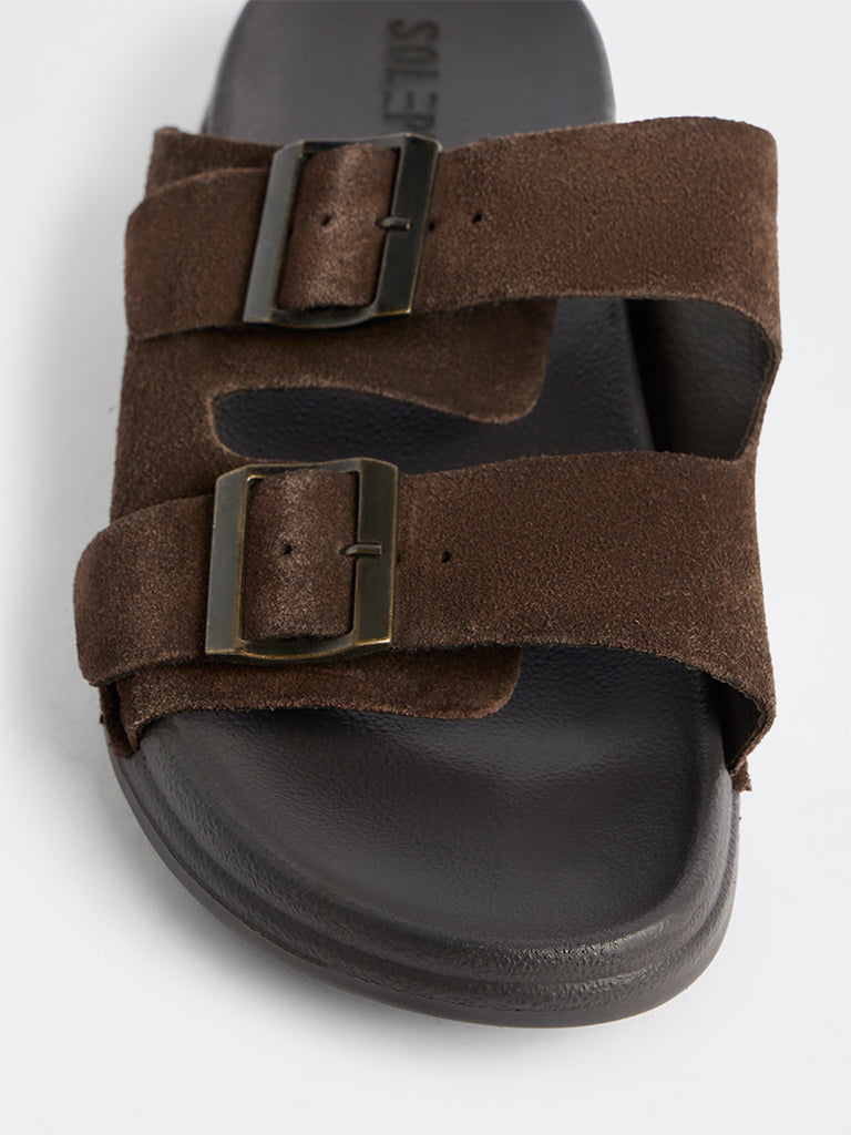 SOLEPLAY Dark Brown Dual-Strap Suede Slip-On Slides