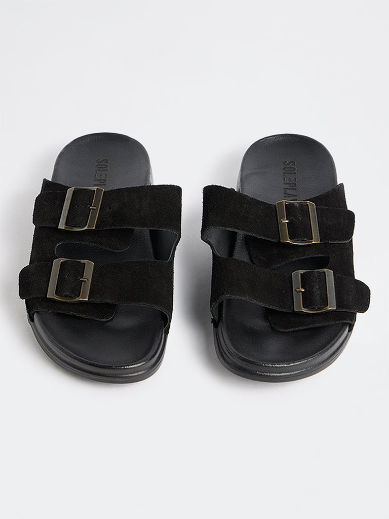 SOLEPLAY Black Dual-Strap Suede Slip-On Slides