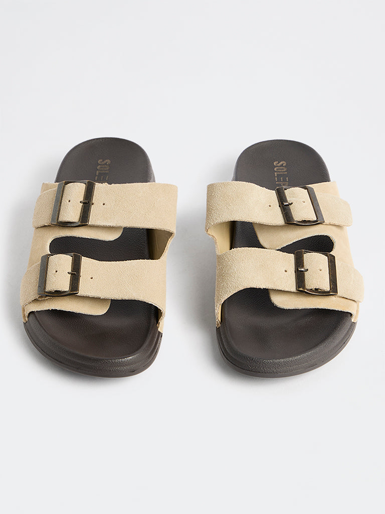 SOLEPLAY Off-White Dual-Strap Suede Slip-On Slides