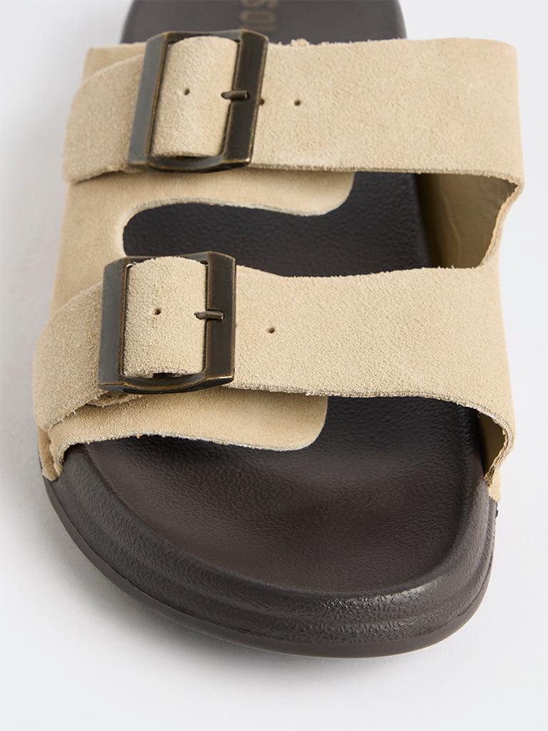 SOLEPLAY Off-White Dual-Strap Suede Slip-On Slides