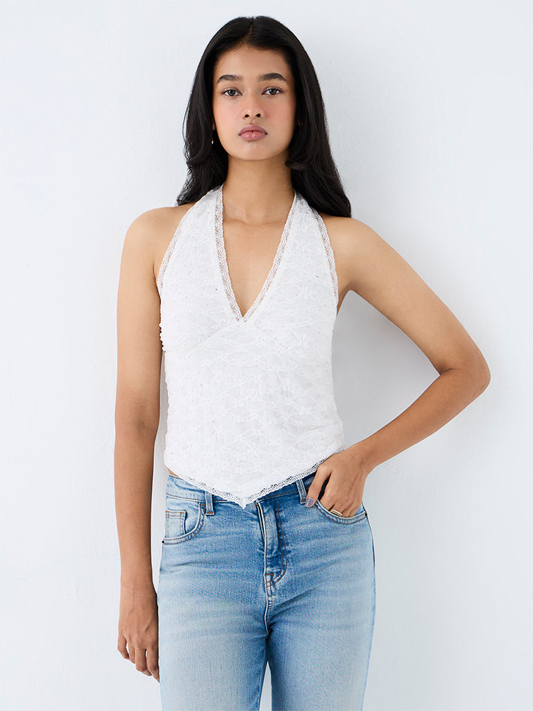 Nuon White Halter-Neck Lace Top