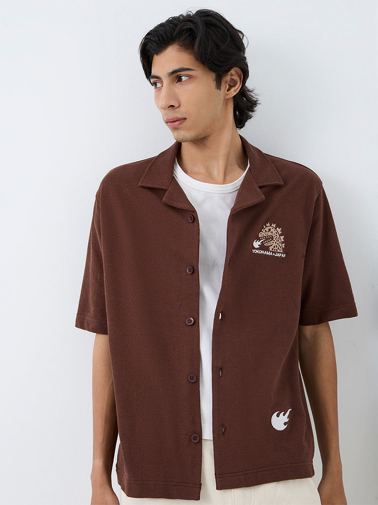 Nuon Brown Japanese-Inspired Relaxed-Fit Cotton Shirt
