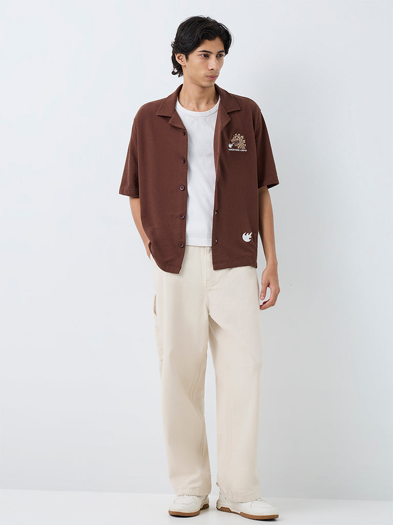 Nuon Brown Japanese-Inspired Relaxed-Fit Cotton Shirt