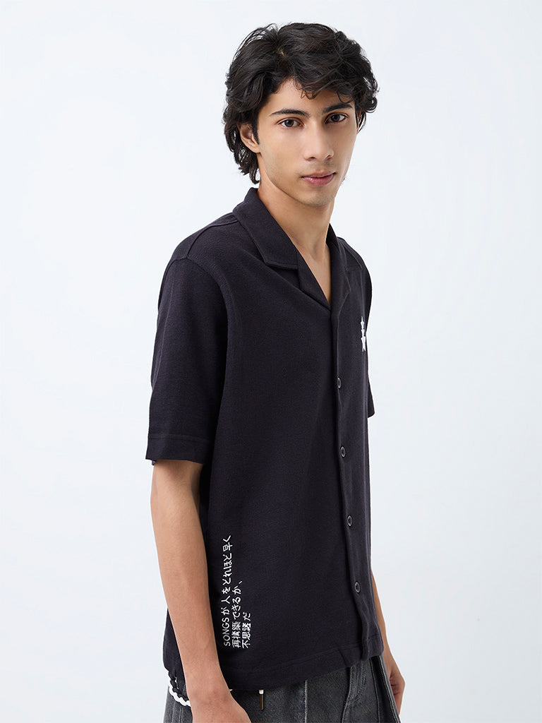 Nuon Black Graphic Embroidered Relaxed-Fit Cotton Shirt