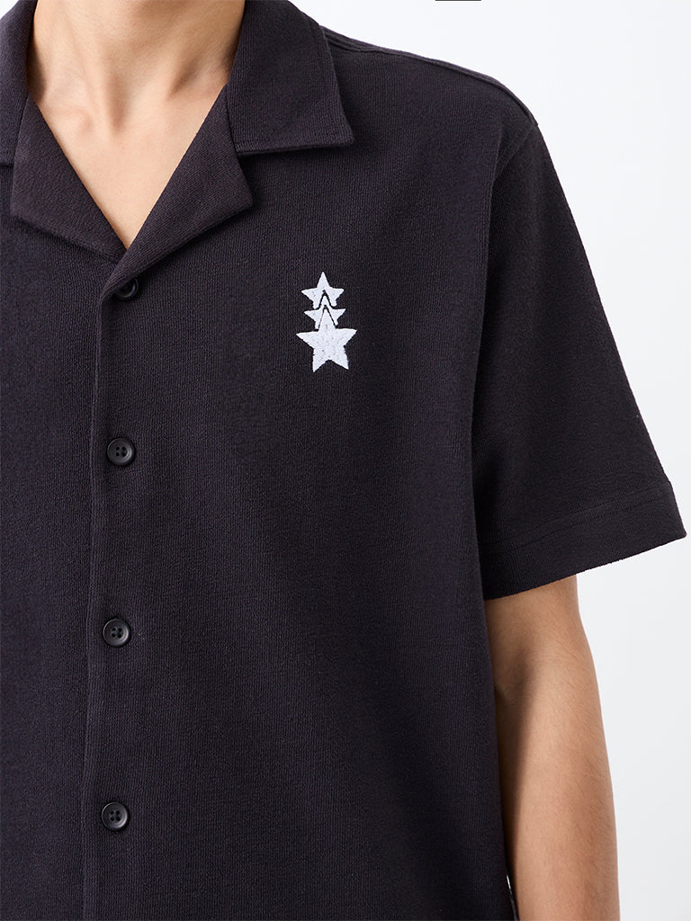 Nuon Black Graphic Embroidered Relaxed-Fit Cotton Shirt