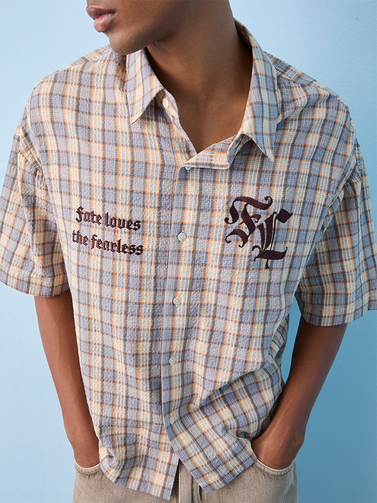 Nuon Light Blue Checkered Relaxed-Fit Cotton Shirt