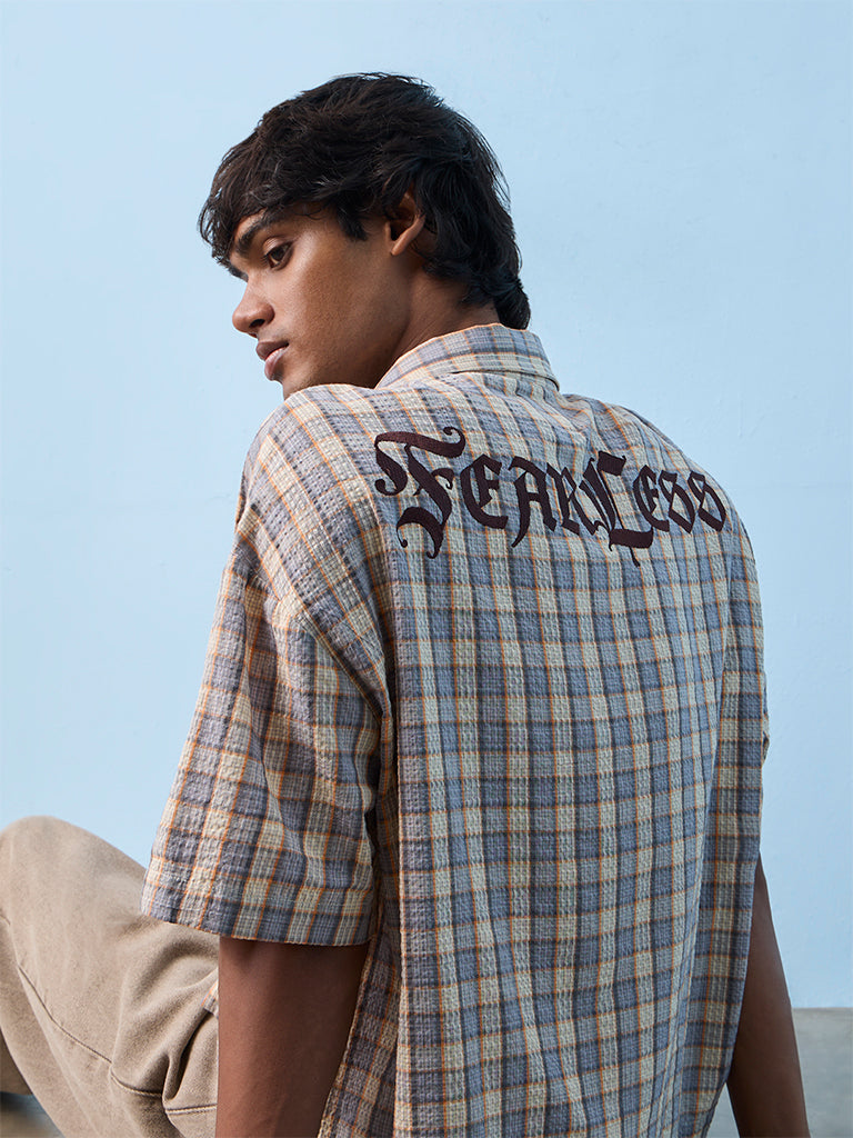 Nuon Light Blue Checkered Relaxed-Fit Cotton Shirt