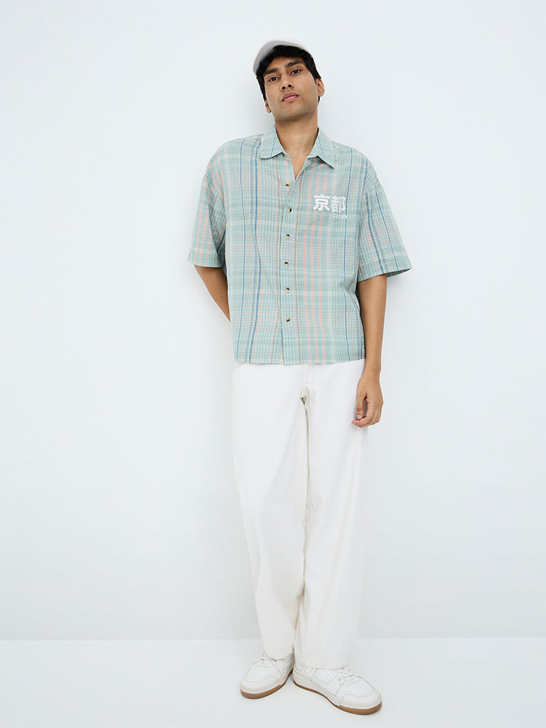 Nuon Mint Checkered Relaxed-Fit Cotton Shirt