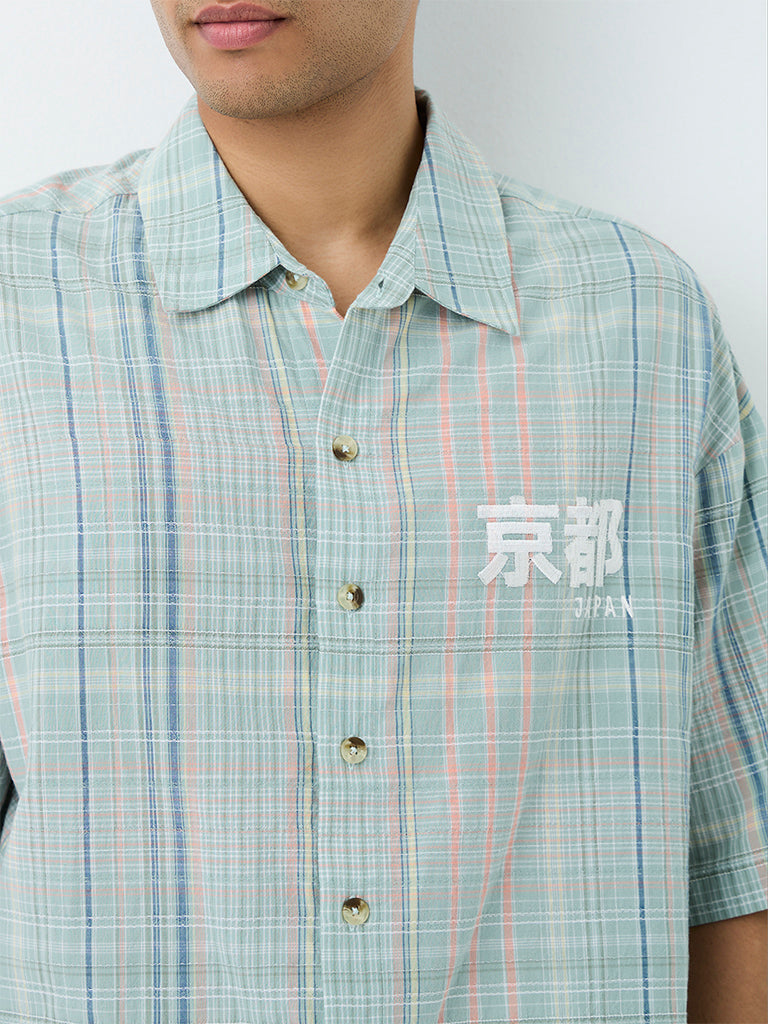 Nuon Mint Checkered Relaxed-Fit Cotton Shirt