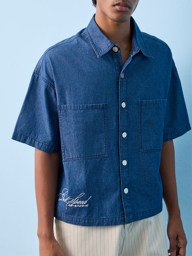 Nuon Blue Text Embroidered Relaxed-Fit Denim Shirt