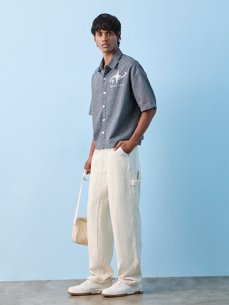 Nuon Navy Striped Relaxed-Fit Cotton Shirt