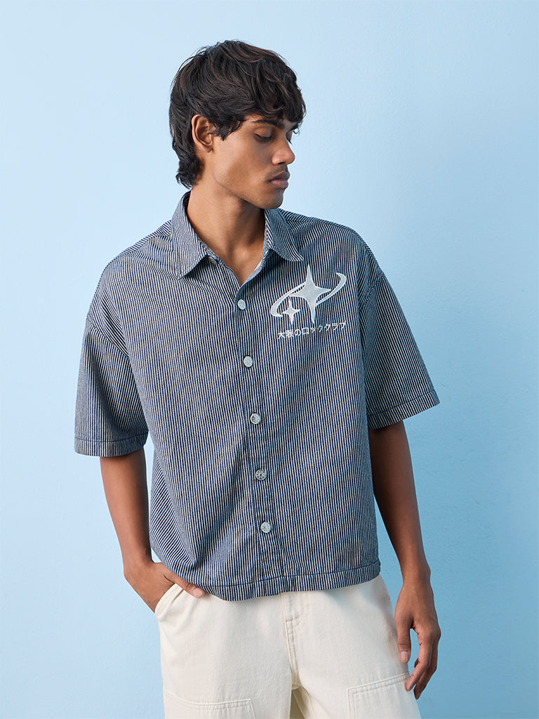 Nuon Navy Striped Relaxed-Fit Cotton Shirt