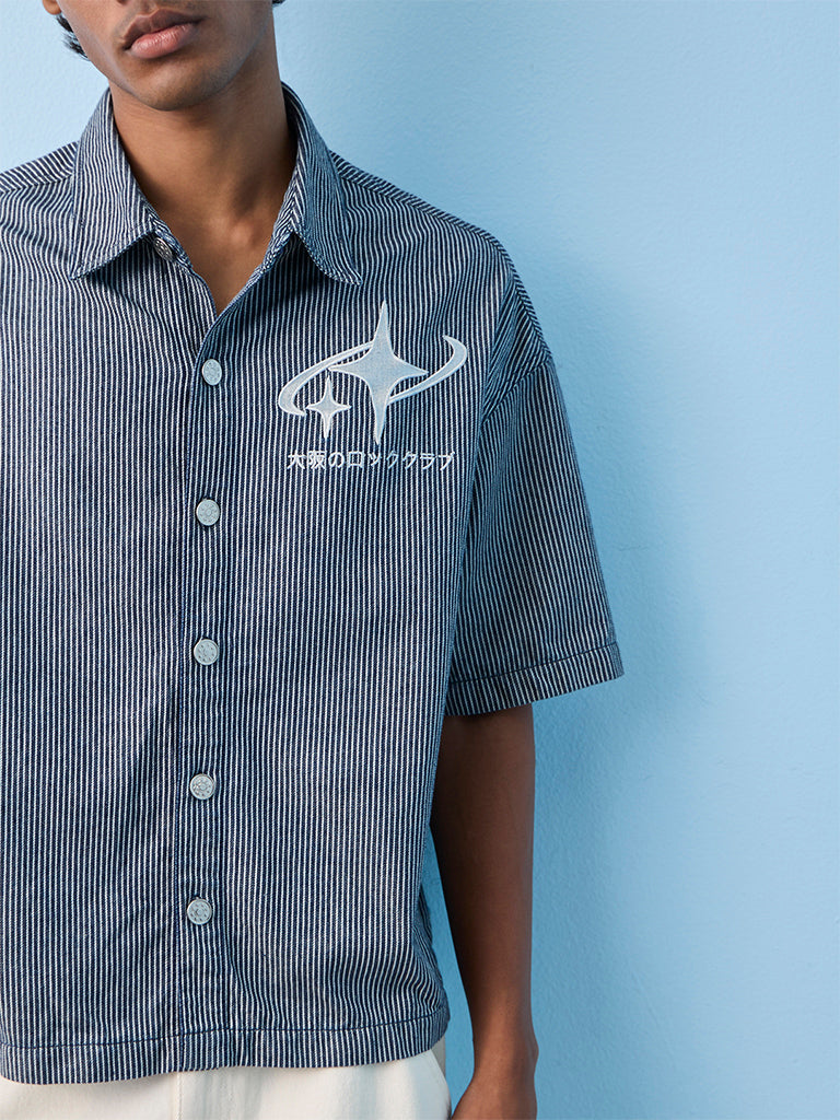Nuon Navy Striped Relaxed-Fit Cotton Shirt