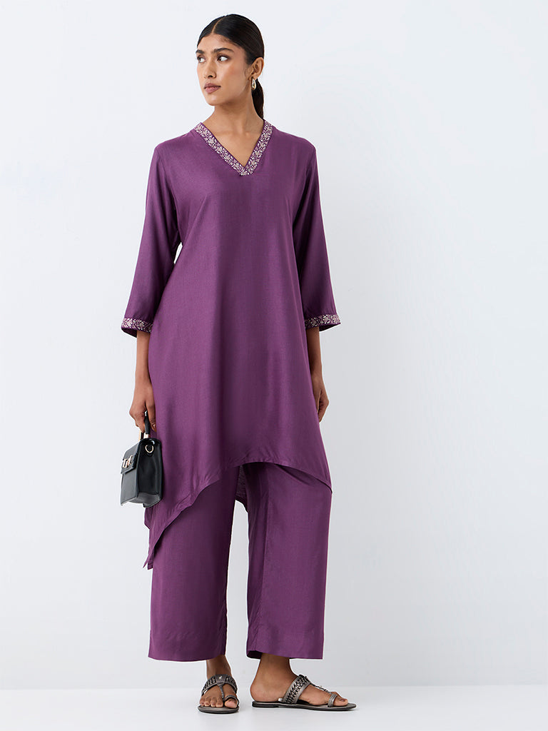 Zuba Purple Solid Cotton-Blend Pants