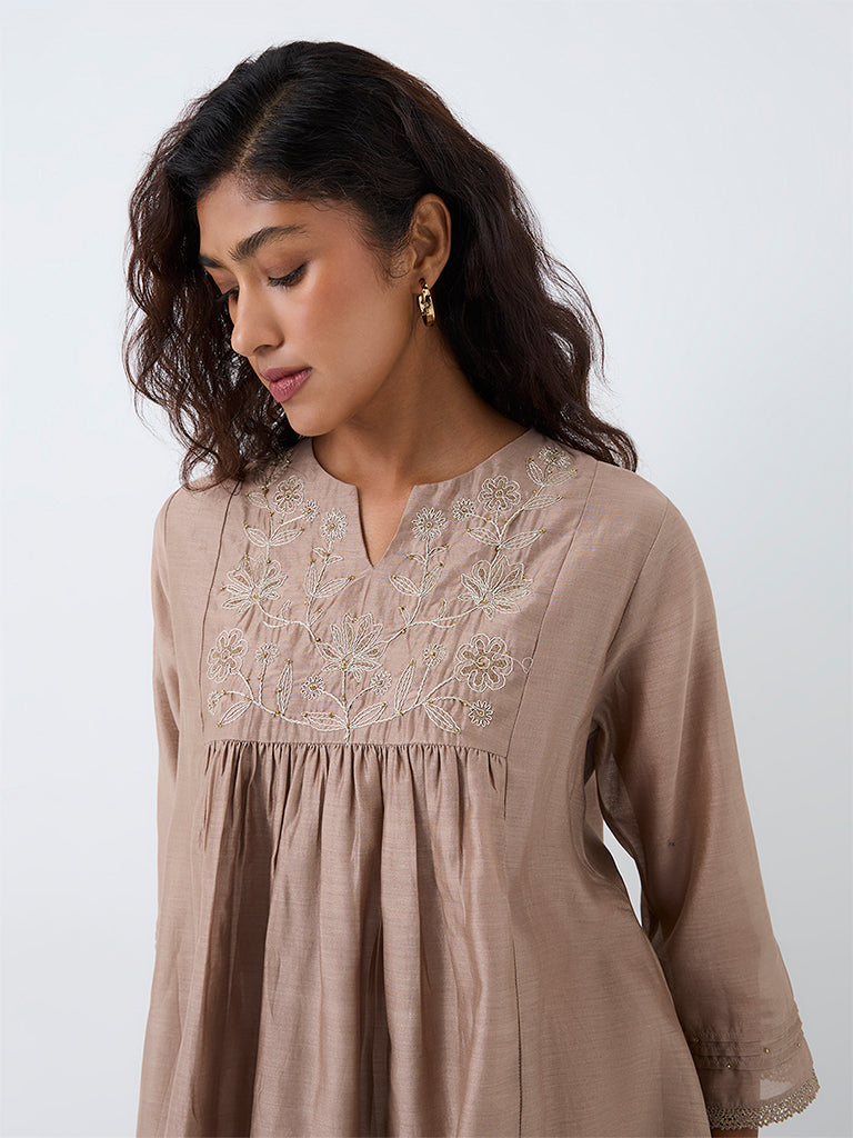 Zuba Taupe Floral Embroidered Cotton-Blend Tunic
