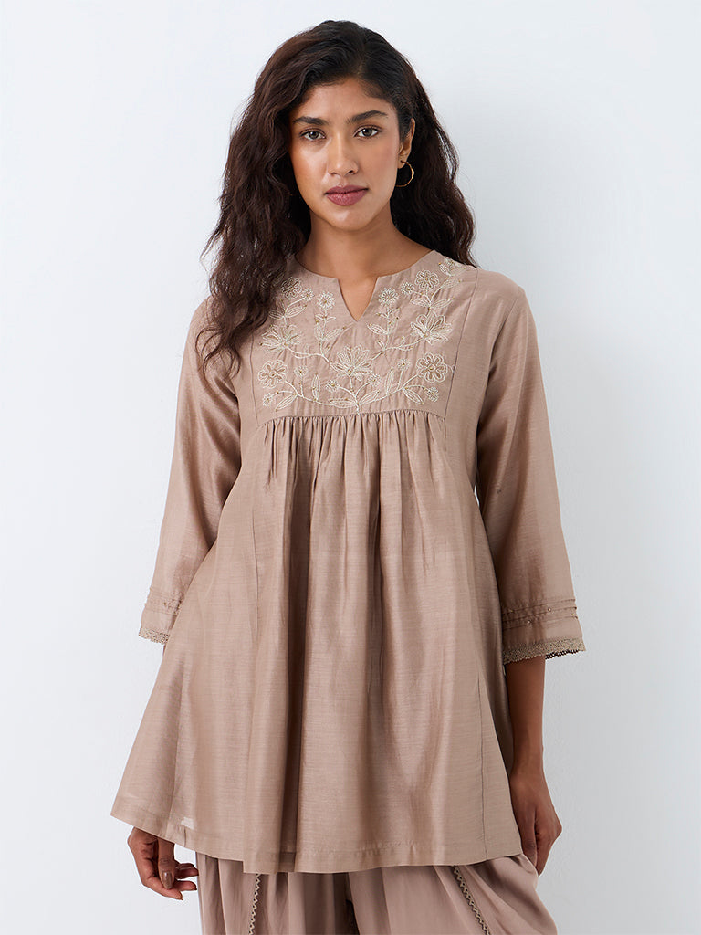 Zuba Taupe Floral Embroidered Cotton-Blend Tunic