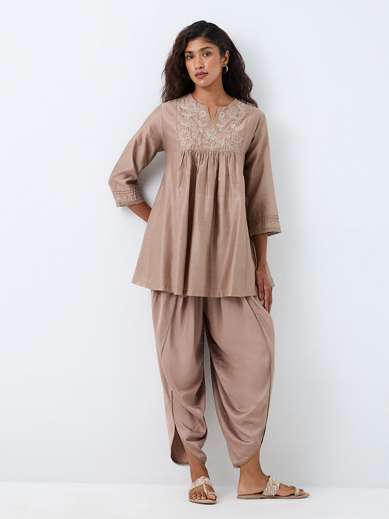 Zuba Taupe Floral Embroidered Cotton-Blend Tunic