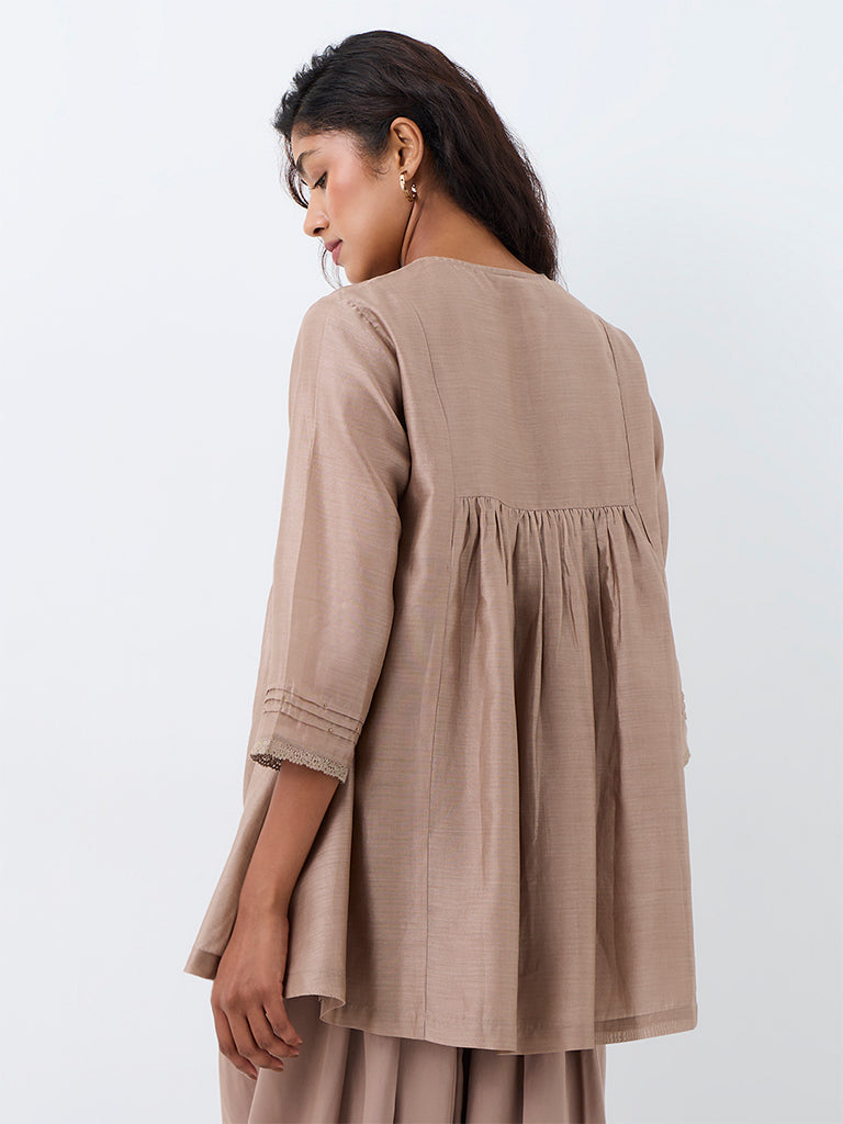 Zuba Taupe Floral Embroidered Cotton-Blend Tunic