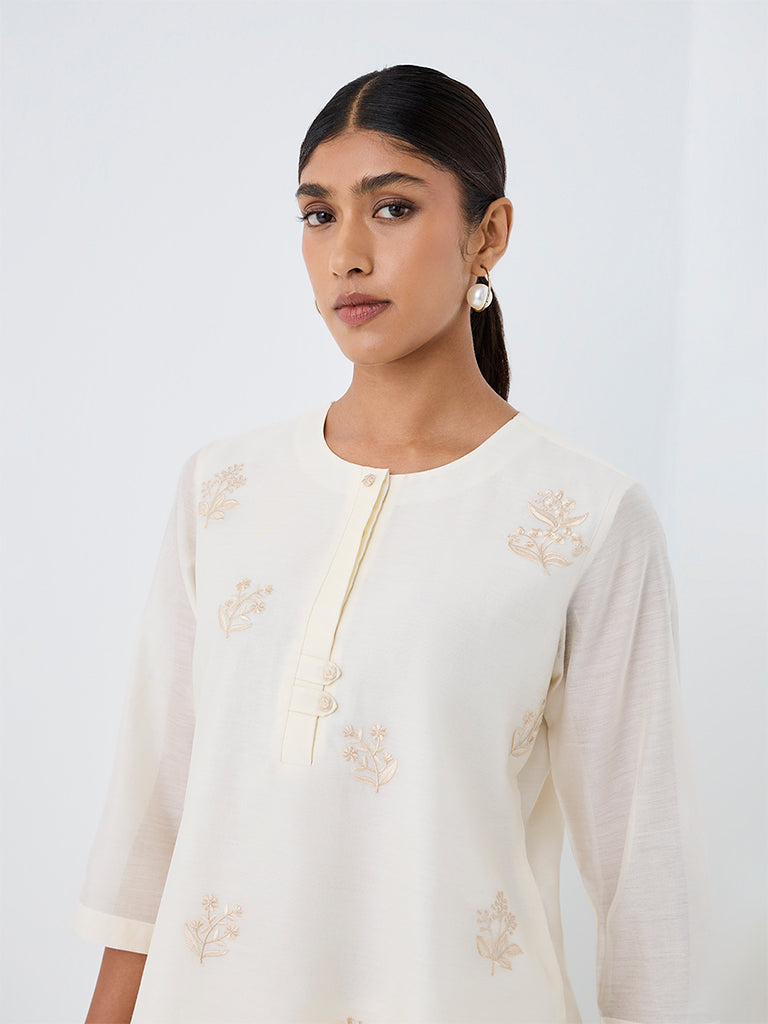 Zuba Off-White Botanical Embroidered Cotton-Blend Tunic