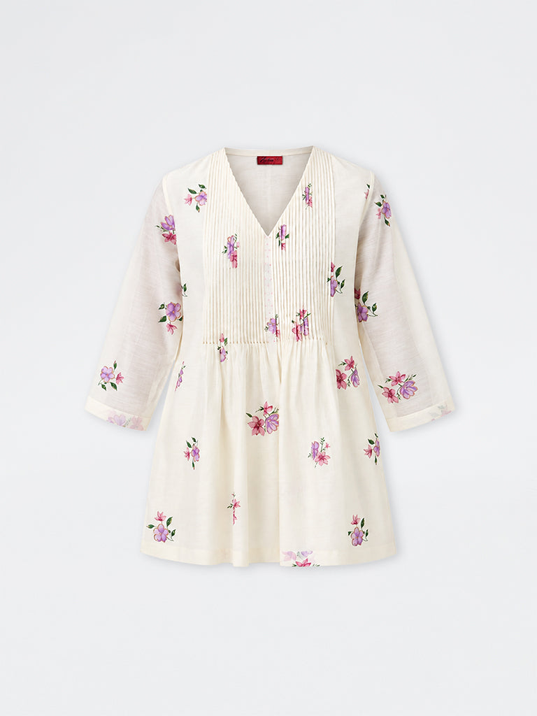 Zuba Off-White Floral Printed Cotton-Blend Tunic