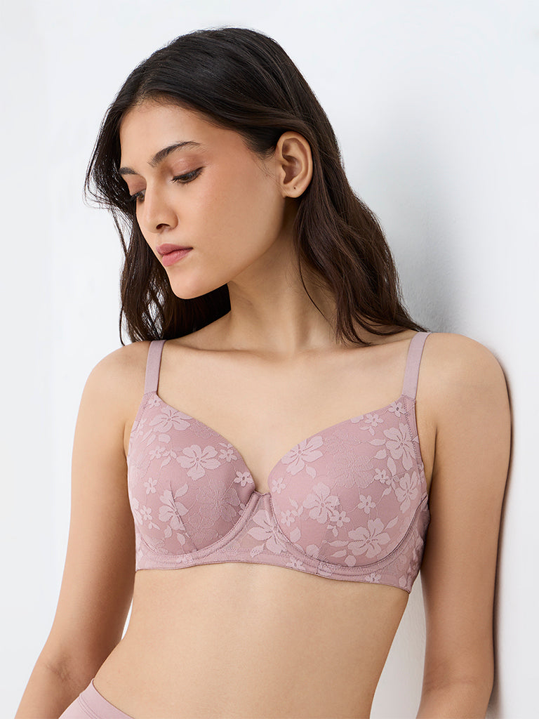 Wunderlove Light Mauve Floral Lace Underwired Bra
