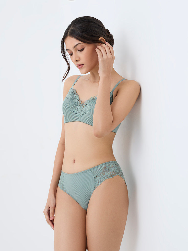 Wunderlove Sage Green Lace Design Hipster Briefs