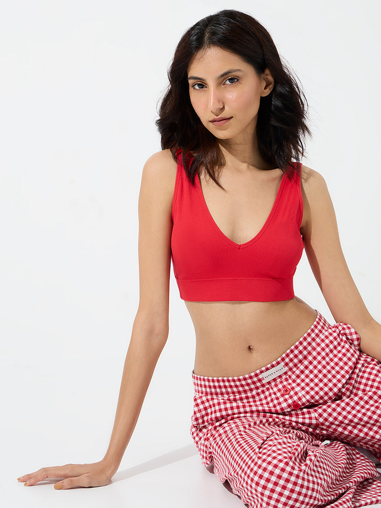 Superstar Red Ribbed Seamfree Padded Bra