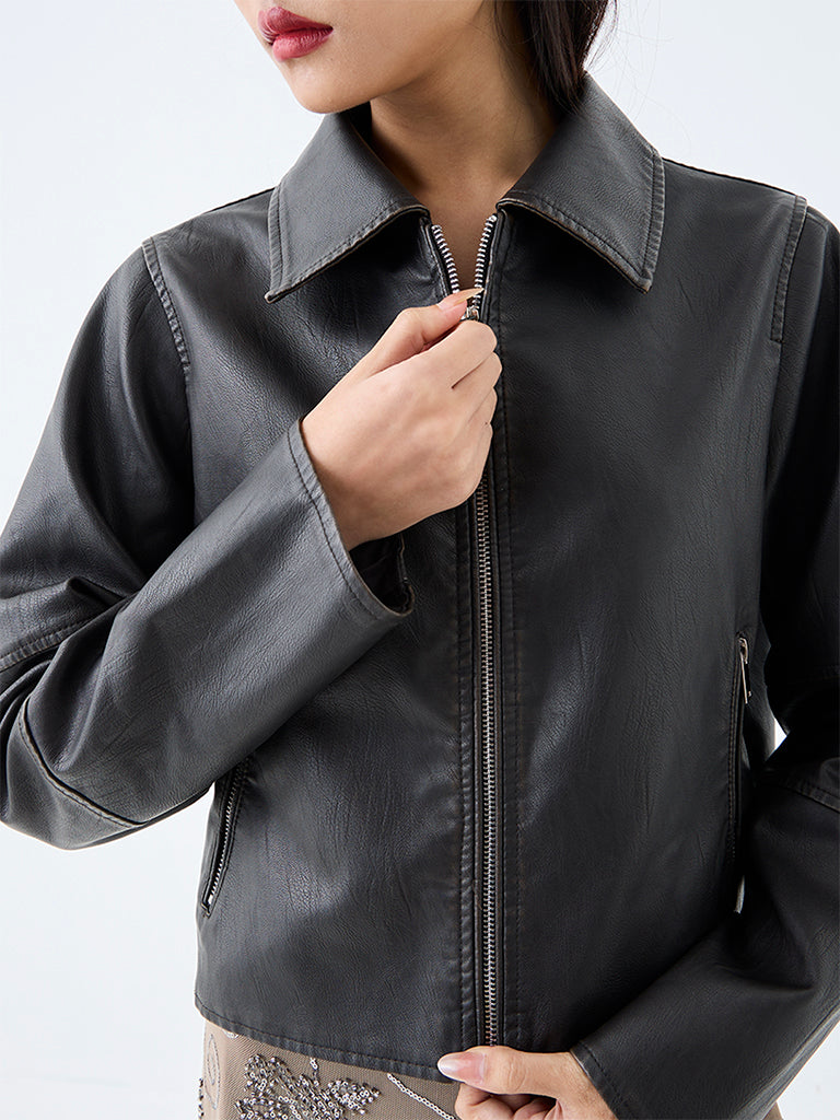 Nuon Brown Crinkle-Textured Oversized-Fit Jacket