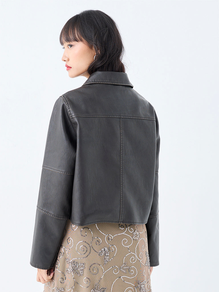 Nuon Brown Crinkle-Textured Oversized-Fit Jacket