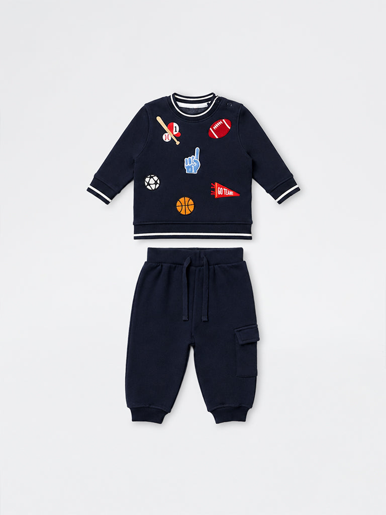 HOP Baby Boys Navy Sports-Applique Cotton-Blend Sweatshirt and Joggers Set