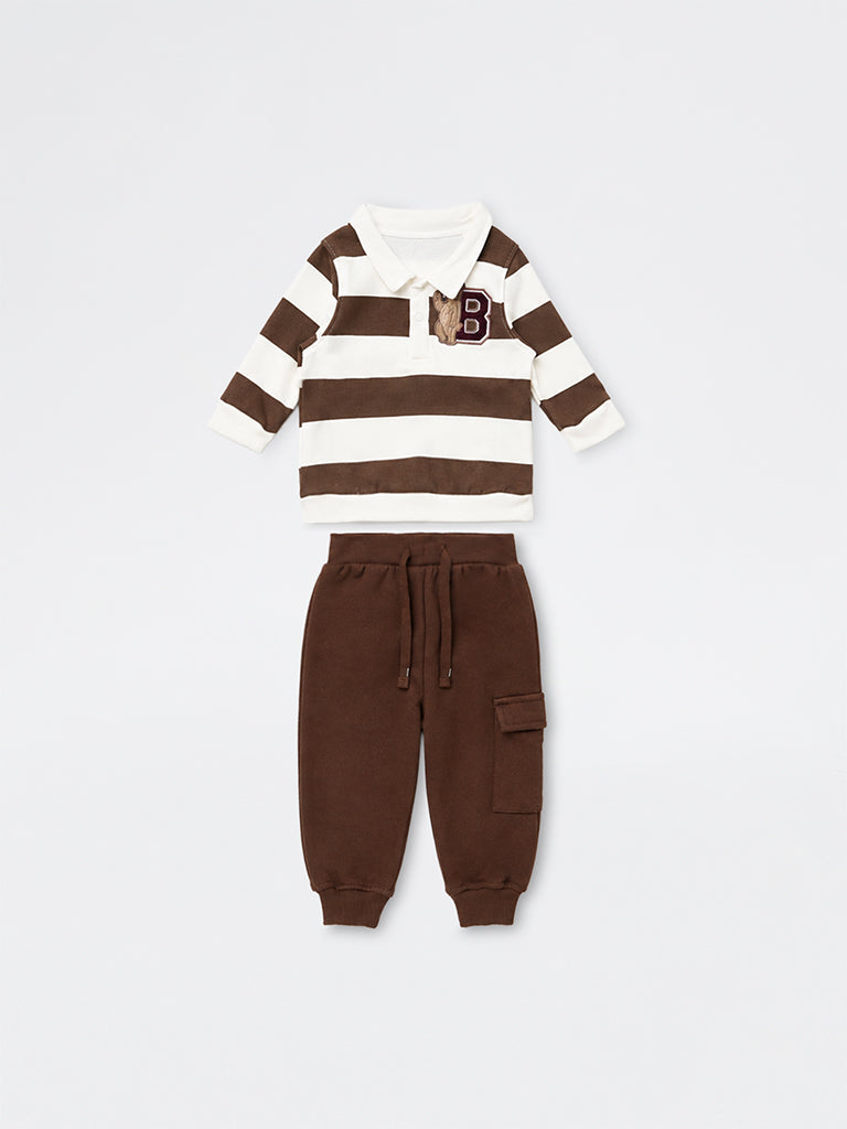HOP Baby Boys Dark Brown Striped Cotton-Blend Sweatshirt and Pants Set