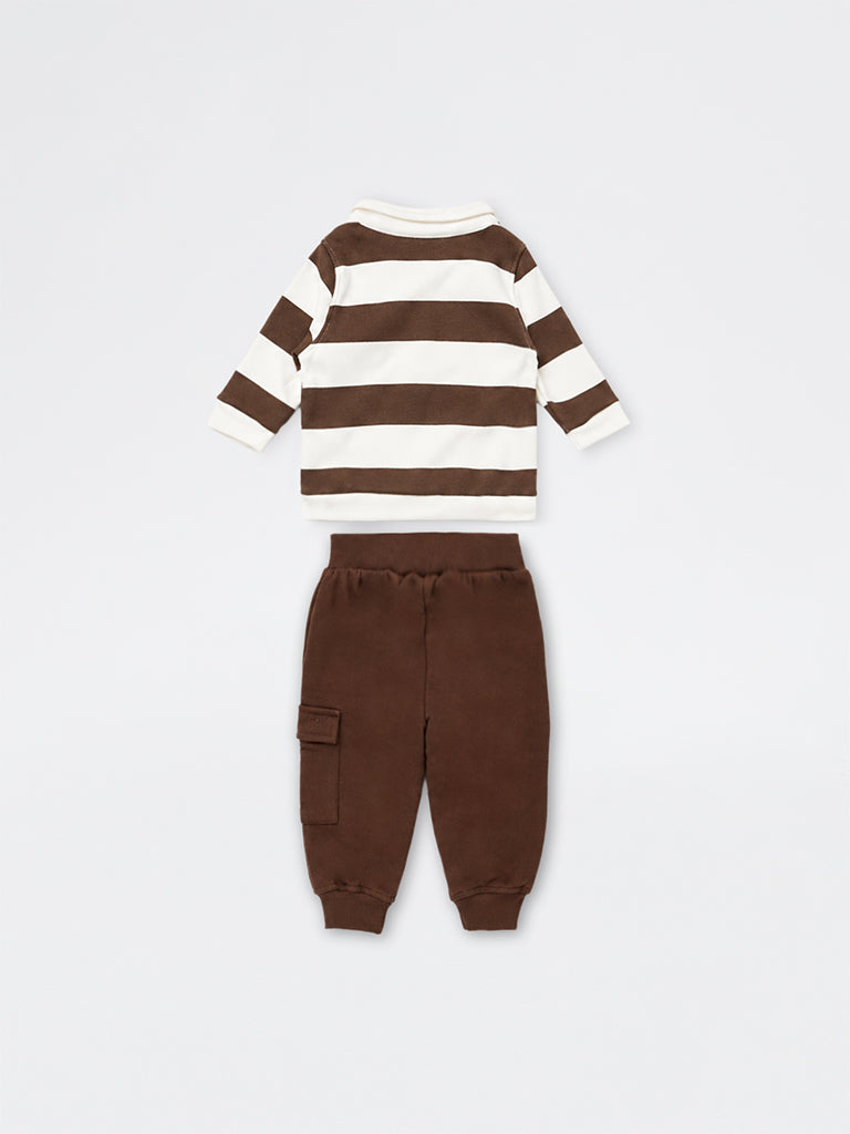 HOP Baby Boys Dark Brown Striped Cotton-Blend Sweatshirt and Pants Set