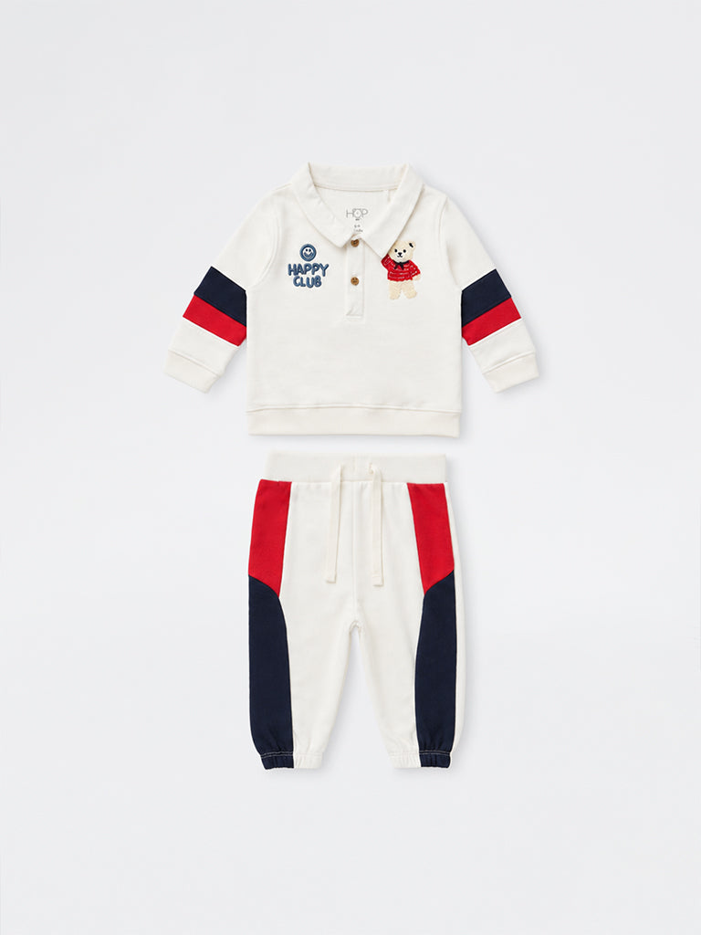 HOP Baby Boys Off-White Colour-Blocked Cotton-Blend Sweater and Pants Set