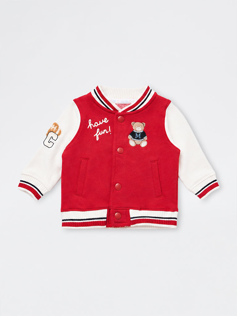 HOP Baby Boys Red Teddy-Embroidered Cotton-Blend Varsity Jacket