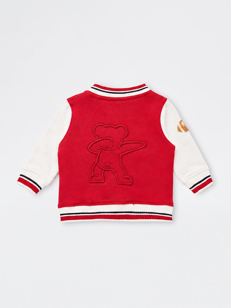 HOP Baby Boys Red Teddy-Embroidered Cotton-Blend Varsity Jacket