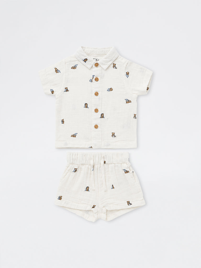 HOP Baby Boys White Teddy Printed Cotton Shirt and Shorts Set