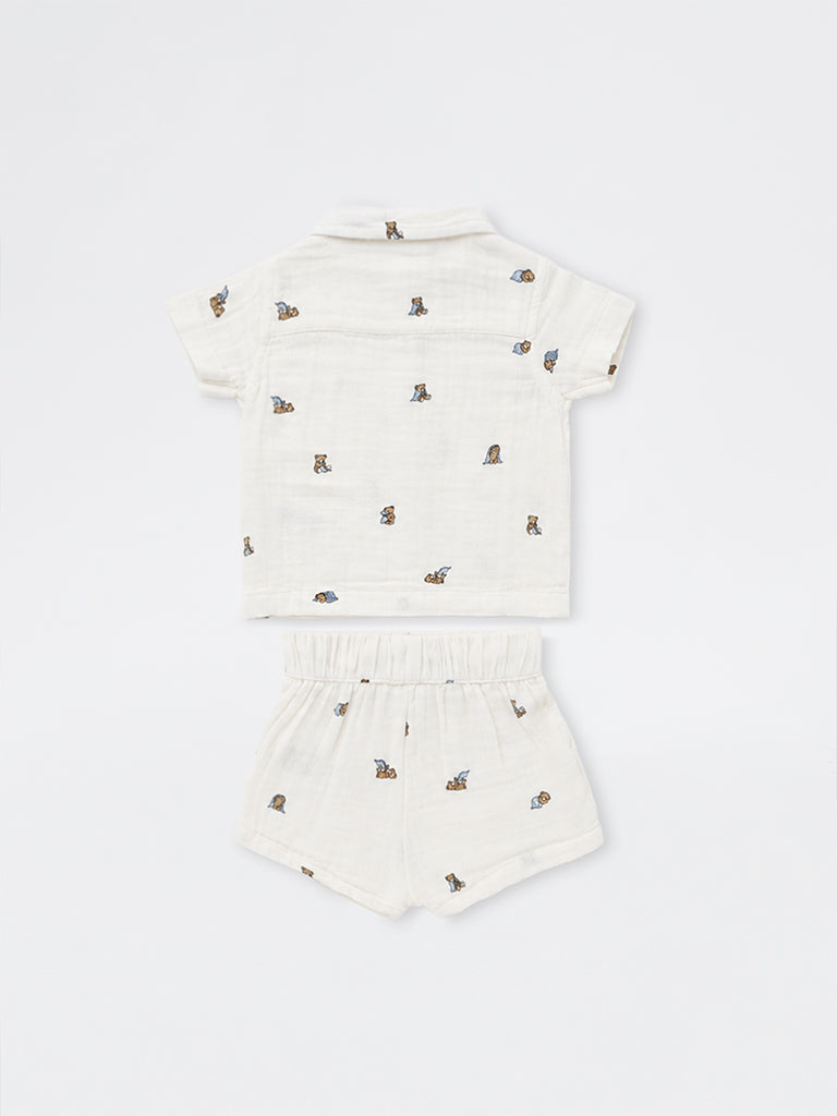HOP Baby Boys White Teddy Printed Cotton Shirt and Shorts Set
